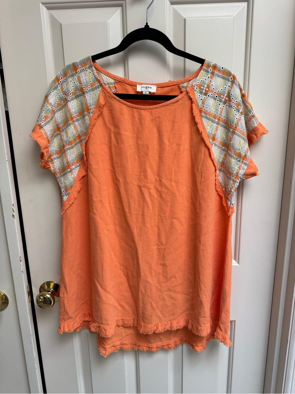 Umgee Orange Short Sleeve Shirt with Plaid Eyelet Sleeves